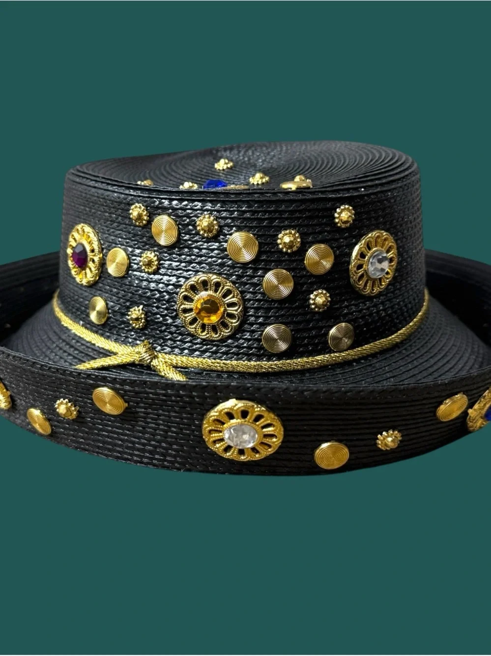 Vintage black Embellished Straw Wide-Brim Hat with Gold Accents